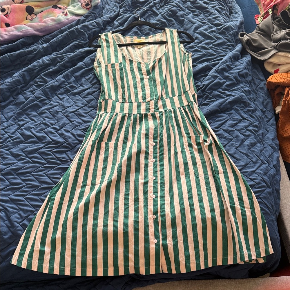 HUGO LOVES TIKI Green and White Striped Dress